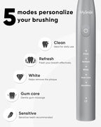 MySmile DY156 Electric Toothbrush for Adults, Rechargeable Sonic Battery Toothbrush Portable with 3 Brush Heads, 2 Mins 5 Modes Smart Timer, 45000VPM, One Charge for 60 Days – Gray