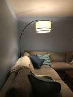 Brightech Mason Arc Floor Lamp - Modern Corner Standing Lamp with Unique Hanging Drum Lamp Shade for Living Room - Bright Overhead, Curved Hanging Light for Bedroom. Library, Den - Bronze