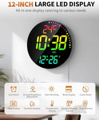GLOKUUCA 12" Large Digital Wall Mount Clock, Count Down Timer, Alarm, Big LED, 12 RGB Color, Temperature for Living Room Classroom Desk, Xmas, Birthday Gift for Senior Mom Dad (Round)