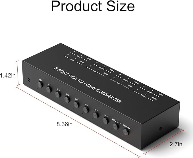 RuiPuo 8Port AV to HDMI Converter Adapter Support 16:9/4:3 Switch for Wii/N64/PS1/PS2/PS3/VHS/VCR/DVD Players etc (8Port RCA in to 1 HDMI Converter with IR Remote)