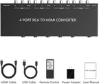 Azduou 4 AV to HDMI, 1080P/720P 4 Way RCA Composite CVBS AV Switch to HDMI Converter Adapter Support 4:3/16:9 Switching, for Sega Xbox PS1 PS2 PS3 N64 NGC SNES WII VHS VCR Camera DVD （with Remote）