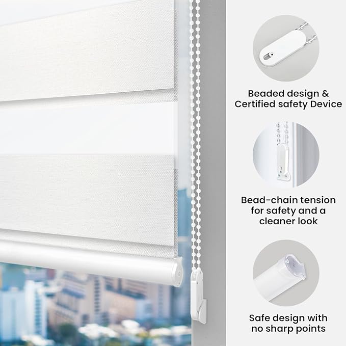 FOIRESOFT Standard Blackout Zebra Roller Blinds [Bonita, Pure White, W 24 x H 48inch] Dual Layer Privacy Shade, Room Darkening, Select 1x1 for Custom