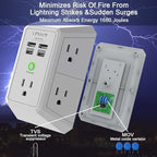 USB Wall Charger, Surge Protector, QINLIANF 5 Outlet Extender with 4 USB Charging Ports (4.8A Total) 3-Sided 1680J Power Strip Multi Plug Outlets Wall Adapter Spaced for Home Travel Office(2U2C),Grey