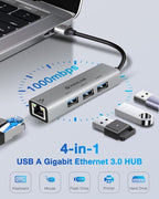 USB ethernet Adapter, USB 3.0 hub with rj45,4-in-1 3.0 Hub with Gigabit Ethernet Adapter, Gigabit Ethernet to USB Adapter for Laptop,PC, MacBook Pro, iPad Pro,and More Type A Laptops