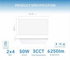 2X4 LED Flat Panel Light with Emergency Battery Backup, 50W 3000K/4000K/5000K, 0-10V Dimmable, 6500 Lumens, LED Drop Ceiling Light for commercial, 100-277V, DLC UL Listed, Ultra Thin Back-Lit (2 Pack)