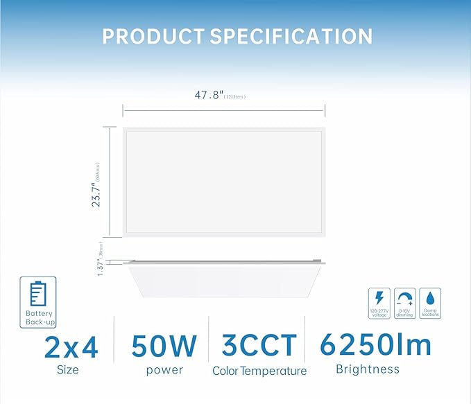 2X4 LED Flat Panel Light with Emergency Battery Backup, 50W 3000K/4000K/5000K, 0-10V Dimmable, 6500 Lumens, LED Drop Ceiling Lights, 100-277V, DLC UL Listed, Ultra Thin Back-Lit (20 Pack)