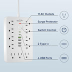 JouleLoom 10 FT Flat Plug Surge Protector Power Strip,11 Multiple AC Outlets with 6 USB Ports (2 USB C), 6 Feet Extension Cord, 1250W/10A, One Touch Switch Button, White