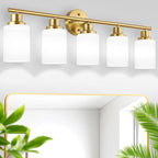 Guliaofo 5-Light Vanity Lights, Brushed Gold Bathroom Light Fixture with Striped Textured Milky White Glass Shade, E26 Modern Vanity Lighting Fixture for Bathroom Wall Sconce Light Over Mirror