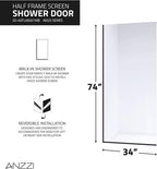 ANZZI 74 X 34 Inch Frameless Fixed Glass Shower Screen Shower Door in Matte Black | Screen Water Repellent Clear Tempered Glass Single Panel for Shower Room | Glass Screen Frame Hardware Complete Kit