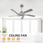 WINGBO 54" ABS DC Ceiling Fan No Light, 5 Blade Wood Grain ABS Ceiling Fan with Remote, 6-Speed Reversible DC Motor, Ceiling Fans without Light for Kitchen Bedroom Living Room, Antique Nickel and Grey