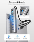 ORICO 7-Port USB 3.0 Hub, Aluminum USB Multiple Adapter, 5Gbps USB Extender USB Splitter with 1.64Ft Cable, UBS-A Hub Long Cable for Desktop, PC, Flash Drive, Mobile HDD, Windows/XPS