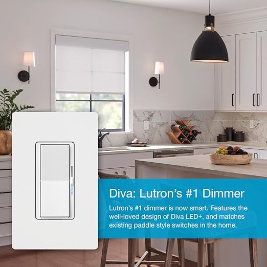 Lutron Diva Smart Dimmer Light Switch for Caseta Lighting (Lutron Smart Hub Required), for LED Lights, 150W, Single-Pole/3-Way, No Neutral, Light Almond (DVRF-6L-LA)