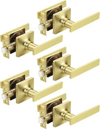Mengico 5 Pack Passage Door Levers Gold Finish, No-Locking Keyless Square Door Knob, Interior Door Handles for Closet and Hallway, Reversible for Left & Right Handed