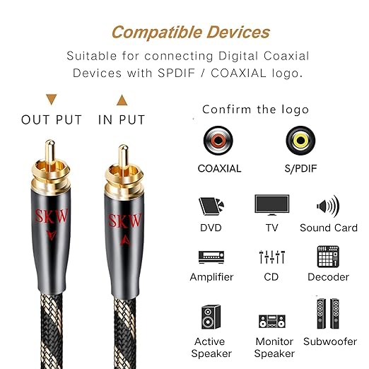 SKW Digital Coaxial Cable RCA to RCA Multiple Shield with Ultra-high Purity Copper Subwoofer Cable for HiFi Systems 6.5ft/2M