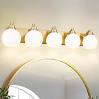 METWET Bathroom Light Fixtures, 5-Light Brushed Gold Bathroom Vanity Lights Over Mirror with Globe Milk White Glass Shade, 32 Inch Modern Vanity Lighting Fixtures, VL195-BG-ML-5