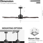 ELEHINSER 60 Inch Ceiling Fan with Lights and Remote Control, 8 Plywood Blades, 6-Speed Noiseless Reversible DC Motor, 3CCT, Windmill Ceiling fan for Kitchen Bedroom Living Room, Black and Walnut
