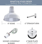 Steel Lighting Co. Hawthorne Barn Light | Outdoor Wall Mounted | 8 inch Dome | 6 inch Straight Arm| Small Farmhouse Light Made in America | White Exterior/White Interior