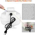 MIDCVFRUN 4 inch Radon Fan, 2 speed 260/188CFM Radon Mitigation System Quickly Mitigate Radon Quiet and Energy Efficient IP67 Waterproof Indoor Outdoor Installation