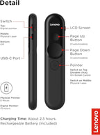 Lenovo Laser Rechargeable Presentation Remote, Bluetooth & USB, Digital & Laser Pointer, LCD Screen, Rechargeable Battery, 30M Range, Black, 500mm Cable Length