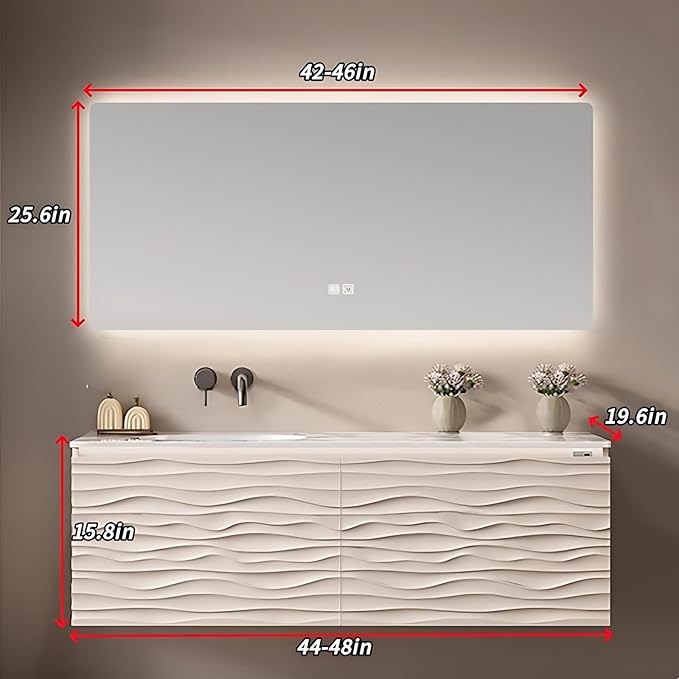 44IN Bathroom Vanity - Smart Defogging Mirror Cabinet | Waterproofing Technology & Wave Shaped Door Panel, Floating Bathroom Vanities with Large Storage Space (Mirror)