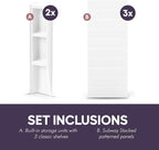 White Acrylic Tub Wall Surround 32"x 60"x 58" - Waterproof, Easy-to-Install, Two Shelf Units Kit Included - Bathtub Wall Surround Panels - Stacked Tiles Pattern, Classic Shelves - Noah William Home