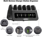 UDOLI 5 USB Ports Charging Station Organizer for Multiple Devices Fast Charging Desktop Stand for Apple Android Phone Tablet 1600W 2 AC Power Outlets Charger Dock for Home Office 3 Prong Cord Black