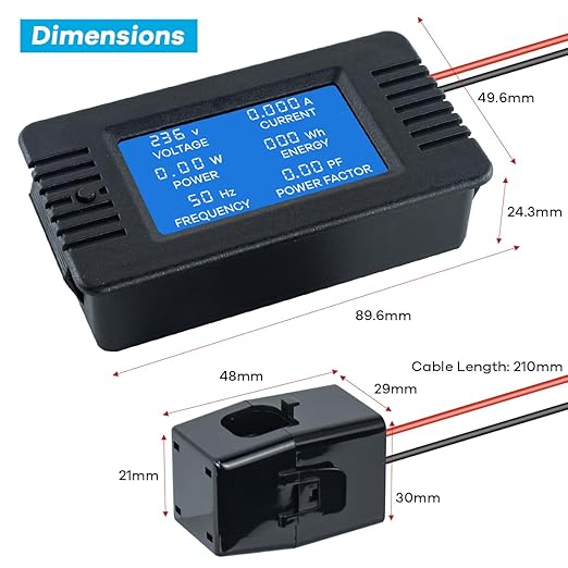 AC 80-260V 100A Multi-Function Power Monitor LCD Digital Display Voltage Current Frequency Power Factor Energy Meter Ammeter Voltmeter with Split Core Current Transformer