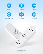 Emerson SmartVoice 4-in-1 Wall Plug, Offline 30+ Voice Control Commands, No APP, No WiFi, No Setup, Smart Outlet w/ 2 AC Outlets, 2 USB-A Ports, Sleep & Wake Timer, ETL Listed