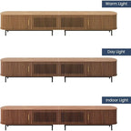 POVISON Sliding Tambour Door TV Stand with LED Lights, Mid Century Modern TV Console, Wood Media Console, Entertainment Center with Storage Cabinet, Fully-Assembled (Walnut, 118.11")