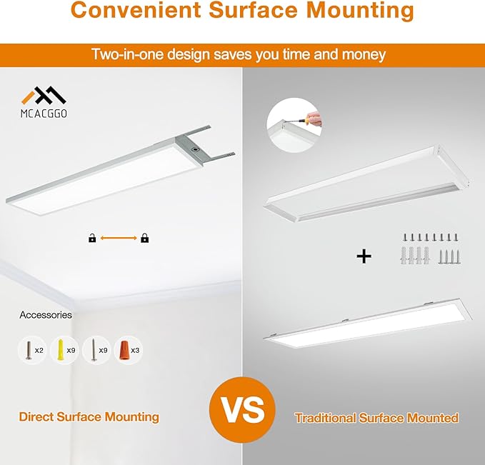 Mcacggo 12-Pack 1x4 LED Flat Panel Light Surface Mount, 3000K/4000K/5000K Selectable, Ultra-Thin Flush Mount LED Ceiling Light for Kitchen, Triac Dimmable, Bright 4400LM, 100-277V, ETL Listed, White
