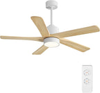 WINGBO 48 Inch DC Ceiling Fan with Lights and Remote Control, 5 Carved Solid Wood Blades, 6-Speed Noiseless Reversible DC Motor, Indoor Ceiling Fan in Gloss White Finish with Oak Blades