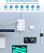 2 Prong GFCI Power Strip, VINTAR 2 Prong to 3 Prong GFCI Plug Adapter, 6ft Extension Cord with 6 Outlets & 4 USB(2 USB-C), 1050J Surge Protector, Polarized Plug Wall Mount for Non-Grounded Outlet