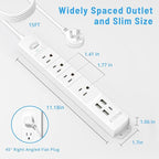 TROND Surge Protector Power Strip with USB, Ultra Thin Flat Plug 15ft Long Extension Cord 1625W, 3 USB A & 1 Type C, 4 AC Outlets 1440J Surge Protection for Wall Mount for Home Office Dorm Room, White