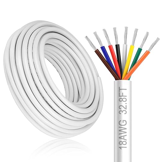 18 Gauge 8 Conductor Electrical Wire, 32.8FT White Stranded Low Voltage 18/8 PVC Case, 18 AWG Tinned Copper 8 Wire Extension Power for Strips LED Lamp Lighting