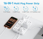 Flat Extension Cord with USB and USBC Ports, 5FT Extension Cord with 10 AC Outlet 6 USB, 1 Switch & 2 LED Indicator, USB Charging Station for Multiple Devices, for Home, Office, Dorm Essentials