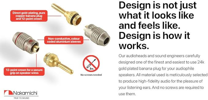Nakamichi FanLock Excel Series 24k Gold Plated Banana Plugs 10 AWG - 18 AWG Gauge Size 4mm for Speakers Amplifier Hi-Fi Stereo Home Theatre Radio Audio Wire Cable Quick Connector, 8 Pcs (4-Pairs)
