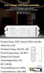 LGIDTECH LS2 LED Strip Lights 5 in 1 Controller,Compatible with Single Color,RGB,RGBW,WW+CW,RGB+CCT LED Strip Lights,Smartphone APP Control via Gateway(Excluded)