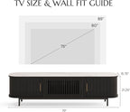 POVISON Fully-Assembled Mid Century Modern Black TV Stand with White Glossy Sintered Stone Tabletop & LED Lights, Rolling Door Media Console, Wood TV Console for Living Room