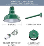 Steel Lighting Co. Hawthorne Barn Light | Outdoor Wall Mounted | 8 inch Dome | 11 inch Straight Arm| Small Farmhouse Light Made in America | Green Exterior/White Interior