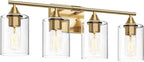 XPEHK Brushed Gold Vanity Light,4 Light Gold Bathroom Light Fixtures,Bathroom Lights Over Mirror with Clear Glass Shade,Modern Wall Lighting for Mirror Bedroom Vanity Hallway