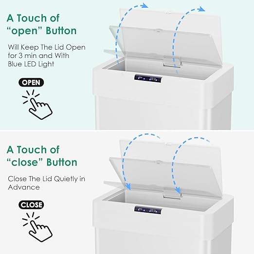 Arlopu Automatic Trash Can,Sensor Motion Stainless Steel Garbage Bin, Touchless Smart Waste Bin, W/Stay-Open, Soft Close Lid, Display Light for Kithchen, Living Room, Office (White, 21.1gal)