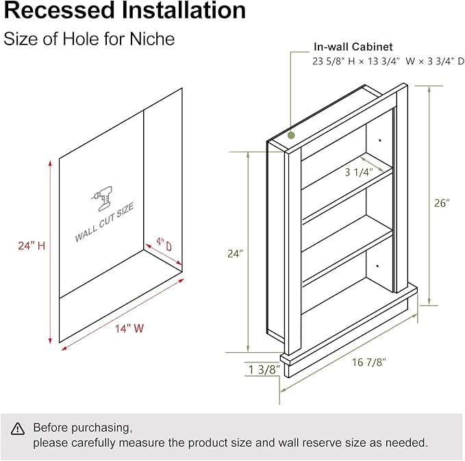 Recessed Medicine Cabinet for Bathroom Cabinet with Storage,14x24 in Wall Shower Niche Insert,3-Tier Bathroom Niche for Shower Wall,Recessed Niches Insert for Drywall,Imitation Natural