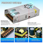 HuanQiuSensmart 110V AC to 12V DC Transformer, 12V 500W 40A Switching Power Converter, Built-in Cooling Fan, with Various Power adapters.