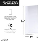 ANZZI 74 X 34 Inch Frameless Fixed Glass Shower Screen Shower Door in Brushed Nickel, Screen Water Repellent Clear Tempered Glass Single Panel for Shower Room, Glass Screen Frame Hardware Complete Kit