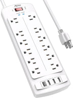 Power Strip,ALESTOR Surge Protector with 12 Outlets and 4 USB Ports, 6 Feet Extension Cord (1875W/15A) for for Home, Office, Dorm Essentials, 2700 Joules, ETL Listed (White)
