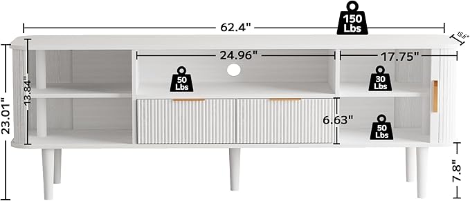 DAMCROP TV Stand 62.4 Inch Mid Century Modern Media Console Table with Drawer Sliding Tambour Door Farmhouse Sideboard Buffet Cabinet Fits TVs up to 75 inch Fluted Wood Entertainment Center(White)