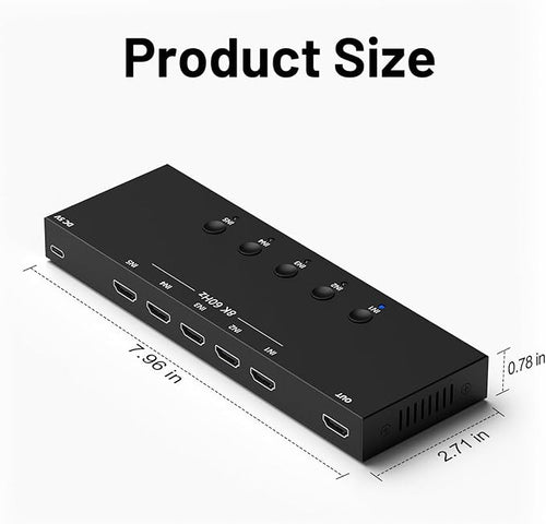 8K 5 in to 1 Out HDMI Switcher，5 Way HDMI Converter & Infrared Remote Control - Ideal for Nintendo Switch/OLED/Xbox PS5/4/3 Blu-Ray Player Fire TV Stick Roku Apple TV Chromecast PC