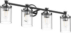 PHIXART Bathroom Lighting Fixtures Black and Chrome Bathroom Vanity Light with Cylindrical Clear Stripes Glass Lampshade E26 Socket Base Bathroom Lighting Fixtures Over Mirror (4 Lights)
