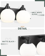 METWET Bathroom Light Fixtures, 4 Light Matte Black Vanity Light, 26 Inch Modern Wall Sconces with Globe Milk White Glass Shade, Vanity Lighting Fixtures Over Mirror, VL195-MB-ML-4