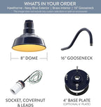 Steel Lighting Co. Hawthorne Barn Light | Outdoor Wall Mounted | 8 inch Dome | 16" Gooseneck | Small Farmhouse Light Made in America | Navy Blue Exterior/Brass Interior